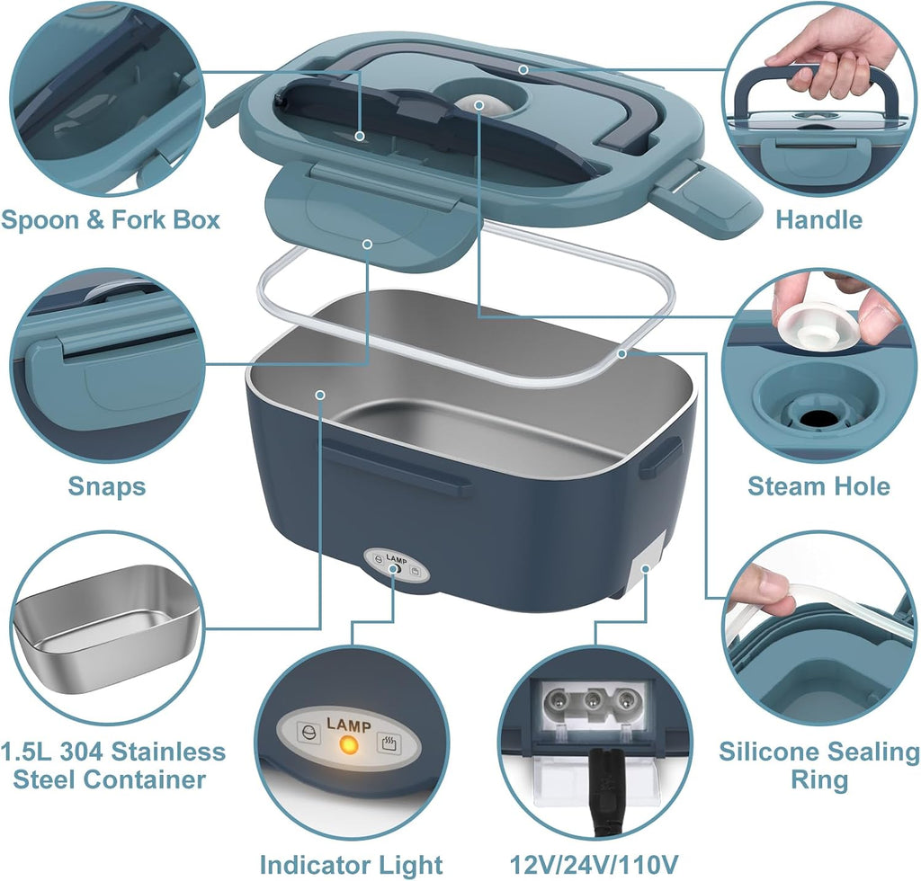 Electric Lunch Box Food Warmer Portable Heated Lunchbox Adult, Blue