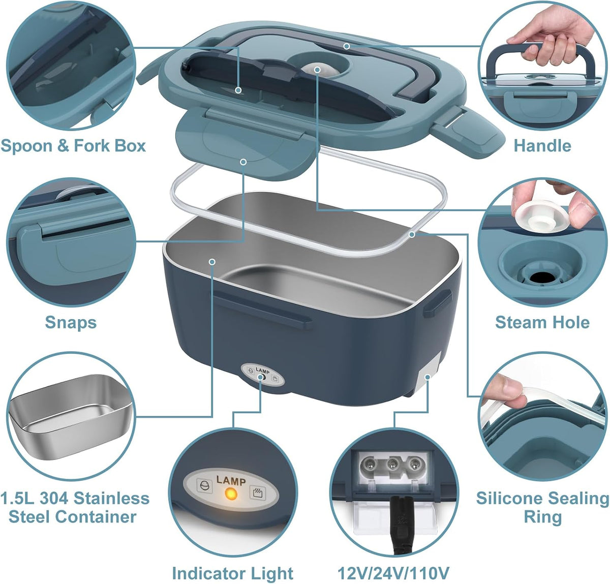 Electric Lunch Box Food Warmer Portable Heated Lunchbox Adult, Blue